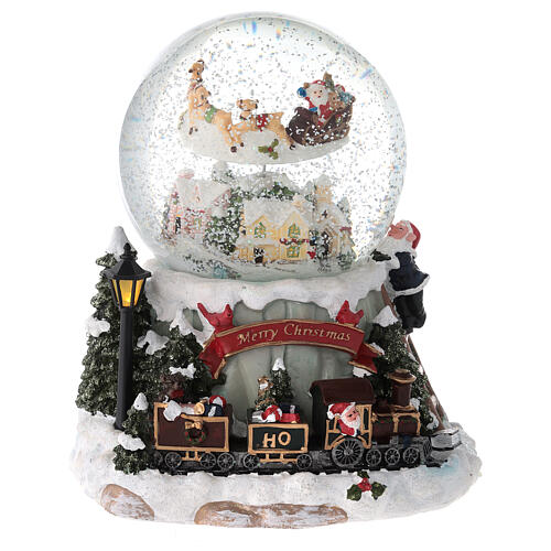 Christmas snow globe Santa's sleigh and train, music box, 7x6.5 in 4