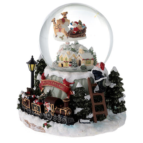 Christmas snow globe Santa's sleigh and train, music box, 7x6.5 in 6