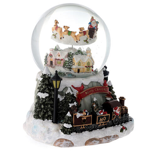 Christmas snow globe Santa's sleigh and train, music box, 7x6.5 in 7