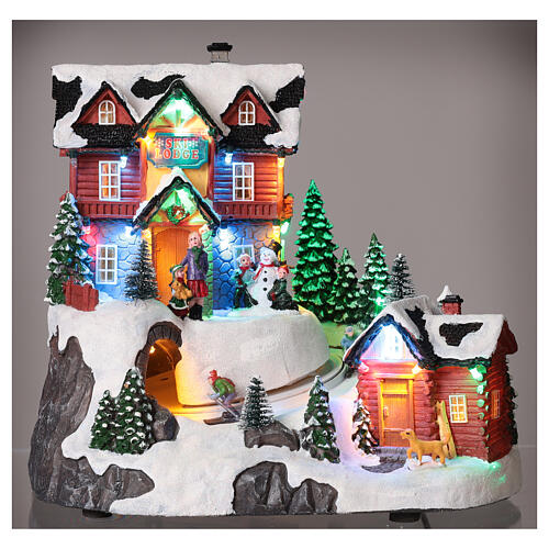 Christmas village set with skiers in motion and lights 10x10x8 in 2