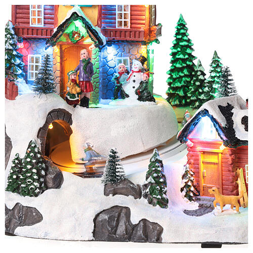 Christmas village set with skiers in motion and lights 10x10x8 in 3