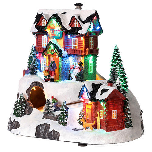 Christmas village set with skiers in motion and lights 10x10x8 in 4