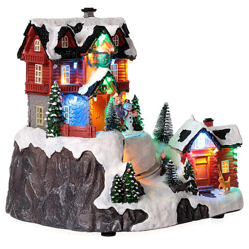 Christmas village set with skiers in motion and lights 10x10x8 in 5
