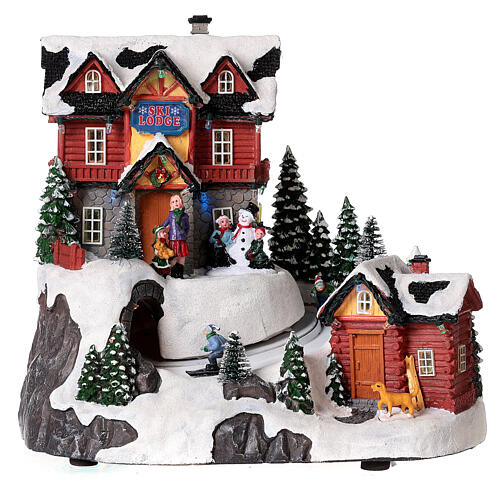 Christmas village set with skiers in motion and lights 10x10x8 in 6
