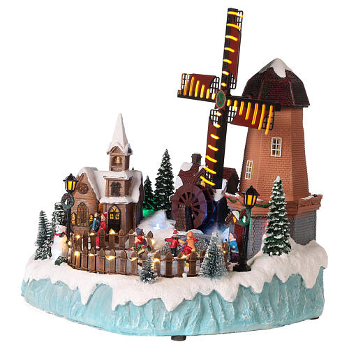 Weihnachtsdorf mit Mühle und Schlittschuhläufern, 35x35x30 cm 3