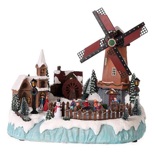 Christmas village with mill and skaters 35x35x30 cm 5