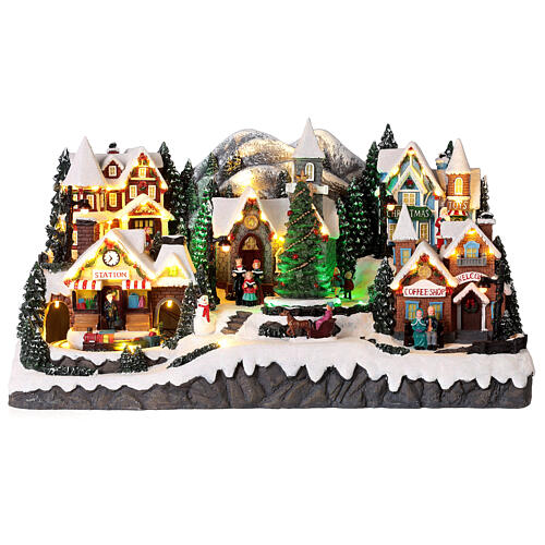 Christmas village set with train station, church and coffee shop 12x14x12 in 1