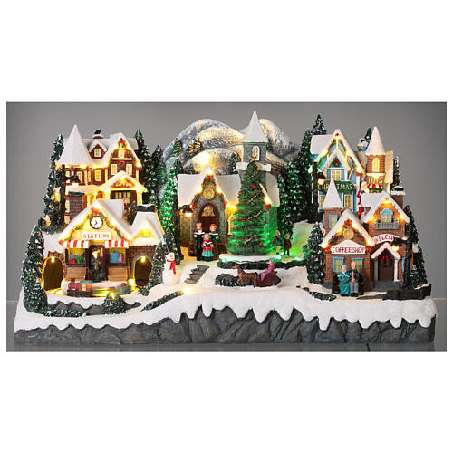Christmas village set with train station, church and coffee shop 12x14x12 in 2