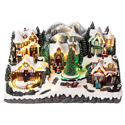 Christmas village set with train station, church and coffee shop 12x14x12 in 3