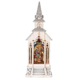 Christmas snow globe with Nativity Scene in a church, lights and snow, 12x4x4 in