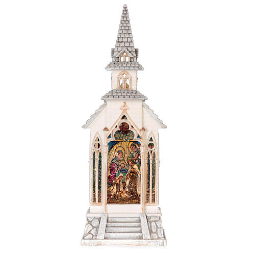 Christmas snow globe with Nativity Scene in a church, lights and snow, 12x4x4 in 1