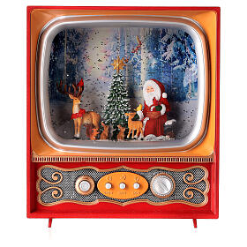 Snow globe with Santa and animals in a vintage TV 10x8x4 in