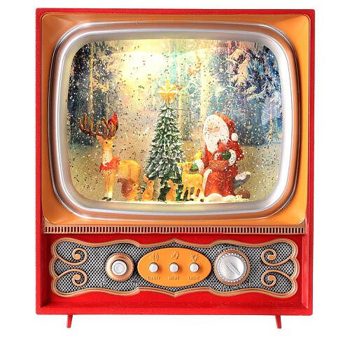 Snow globe with Santa and animals in a vintage TV 10x8x4 in 3