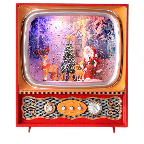 Snow globe with Santa and animals in a vintage TV 10x8x4 in 6