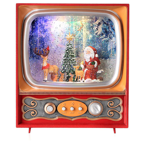 Snow globe with Santa and animals in a vintage TV 10x8x4 in 8