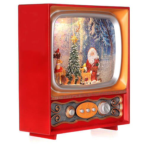 Snow globe with Santa and animals in a vintage TV 10x8x4 in 9