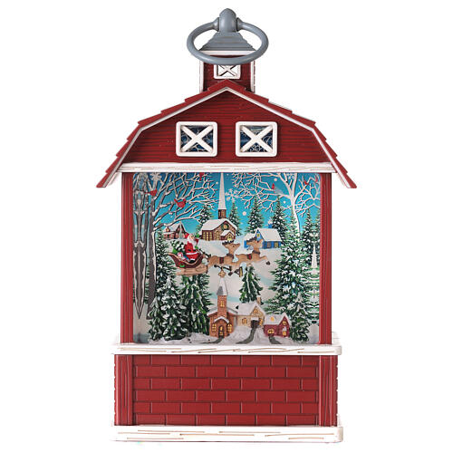 Snow globe, barn with village and Santa, 10x6x2 in 3