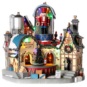 Christmas village set: wooden nutcracker factory with lights and animations, 12x12x8 in