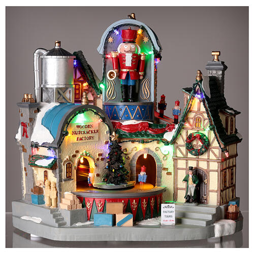 Christmas village set: wooden nutcracker factory with lights and animations, 12x12x8 in 2