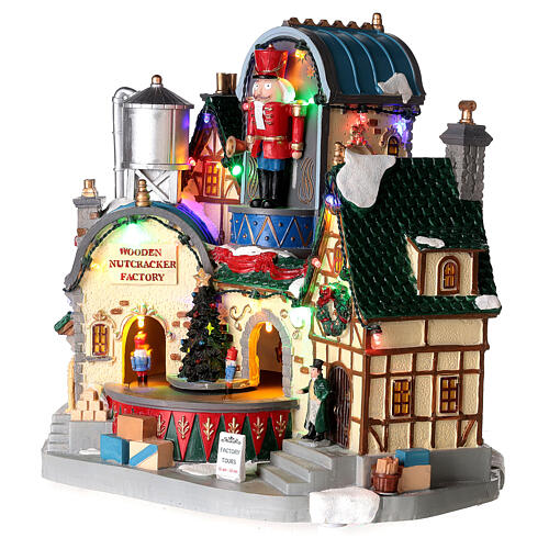 Christmas village set: wooden nutcracker factory with lights and animations, 12x12x8 in 3