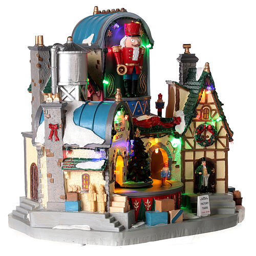 Christmas village set: wooden nutcracker factory with lights and animations, 12x12x8 in 5