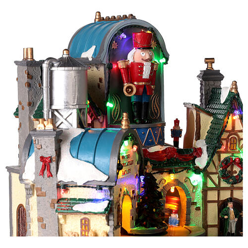 Christmas village set: wooden nutcracker factory with lights and animations, 12x12x8 in 6