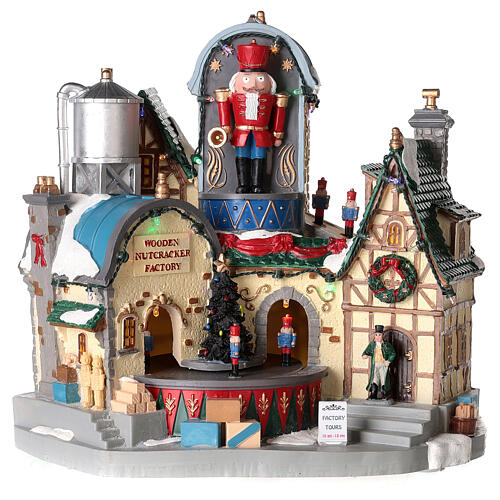 Christmas village set: wooden nutcracker factory with lights and animations, 12x12x8 in 7