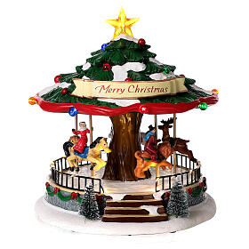 Christmas village set: merry-go-round with animals 12x8x8 in