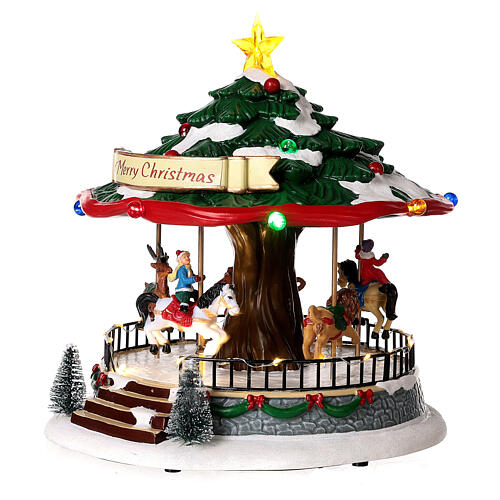 Christmas village set: merry-go-round with animals 12x8x8 in 3