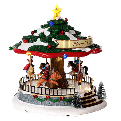 Christmas village set: merry-go-round with animals 12x8x8 in 4