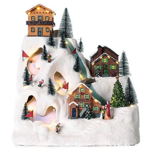 Christmas village set: skiers and river 14x12x8 in 1