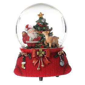 Kula szklana ze Świętym Mikołajem, choinką, reniferem i pozytywką, 15 cm
