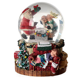 Caixa de música globo de neve Pai Natal com rena, 15x11x11 cm