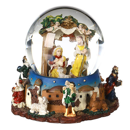 Globo de neve caixa de música Natividade e Reis Magos 15x15x15 cm 1