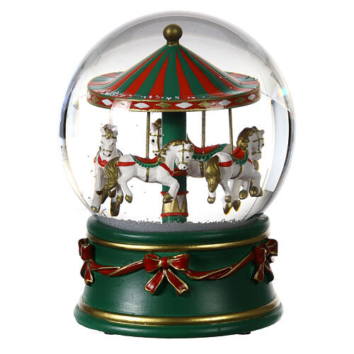 Snow globe with green carousel and white horses, snow and music box, 6x5 in 3