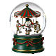 Snow globe with green carousel and white horses, snow and music box, 6x5 in s1