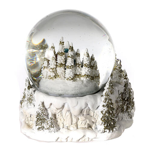 Snow globe with blue and red villa, double globe and sled, 6x6x6 in 5