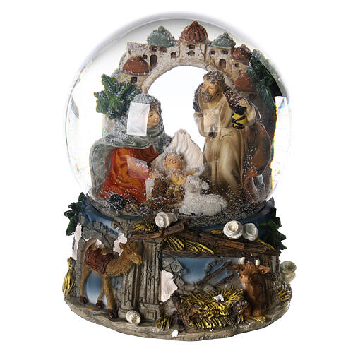 Snow globe with Nativity, ox and donkey, 20x15x15 cm 1