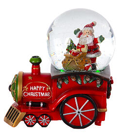 Schneekugel, Zug und Weihnachtsmann mit Geschenkesack, 15x15x10 cm