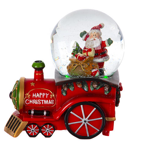 Schneekugel, Zug und Weihnachtsmann mit Geschenkesack, 15x15x10 cm 1