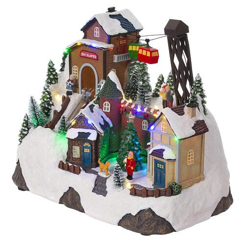 Winterszene, mit Skifahrern, Sessellift, LED-Beleuchtung und Musik – 25×30×20 cm 3