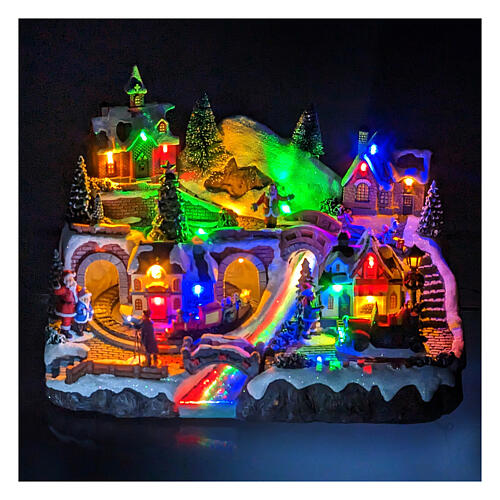 Animated Christmas Village with little train and moving car 30x40x25 cm 2