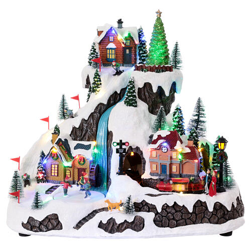 Christmas village on a mountain with train and animated ski slope, 14x16x12 in 1