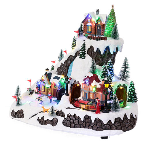 Christmas village on a mountain with train and animated ski slope, 14x16x12 in 3