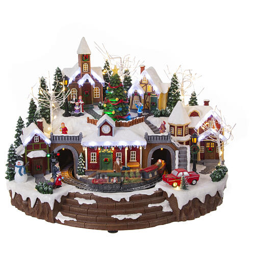 Villaggio con treno e albero in movimento 35x45x35 cm 1
