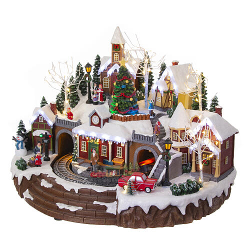 Villaggio con treno e albero in movimento 35x45x35 cm 4