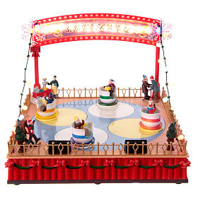 Winterszene, bewegtes Teetassen-Karussell mit LED-Beleuchtung und Musik – 25×30×30 cm
