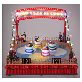 Winterszene, bewegtes Teetassen-Karussell mit LED-Beleuchtung und Musik – 25×30×30 cm