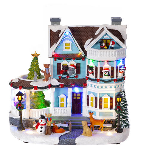 Christmas village set: Victorian house with Christmas tree, 10.5x8x11.5 in 1