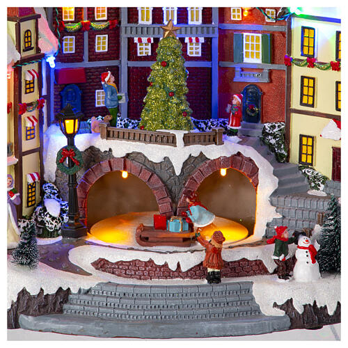 Snowy Christmas village with animated tree, 12x12x8 in 3